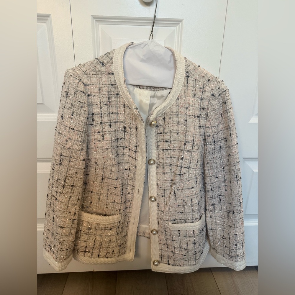 Ann Klein Pearl Button Tweed Jacket Gorgeous Ivory Pink Color